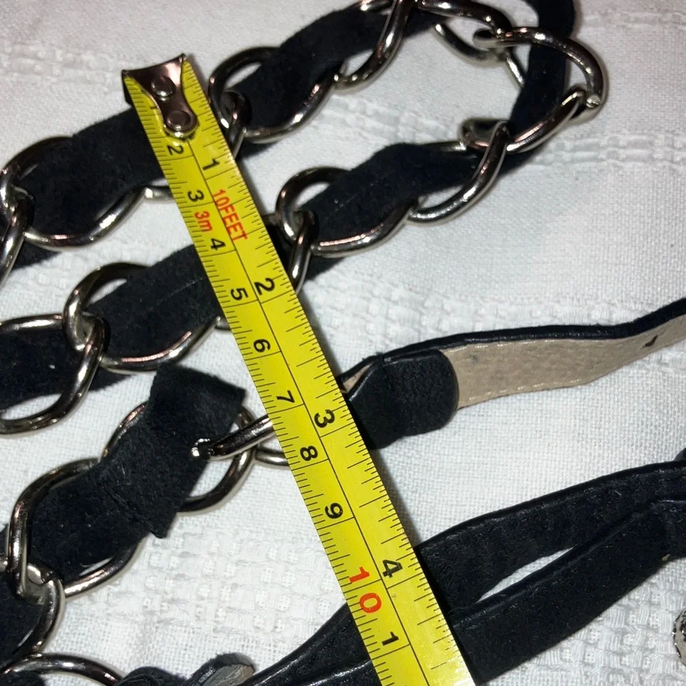 Vintage Black Leather and Silver Chain‎ Belt Intertwined Adjustable XL